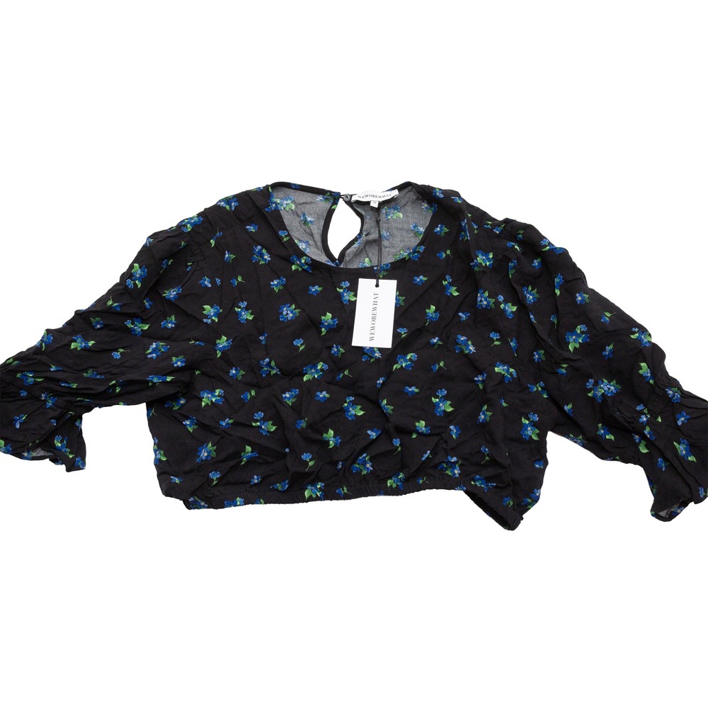 WeWoreWhat Cropped Top Women XL Black‎ NWT Watercolor Ditsy Floral Long Sleeve